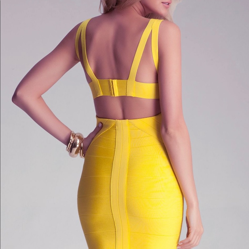 BEBE YELLOW STRAP BANDAGE DRESS